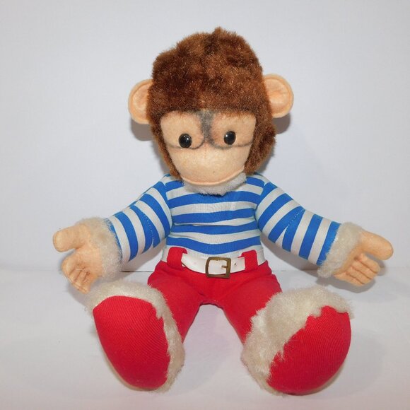 Vintage 15" Plush Stuffed Monkey In Blue White Striped Shirt Red Pants Chimp Ape - Picture 1 of 6